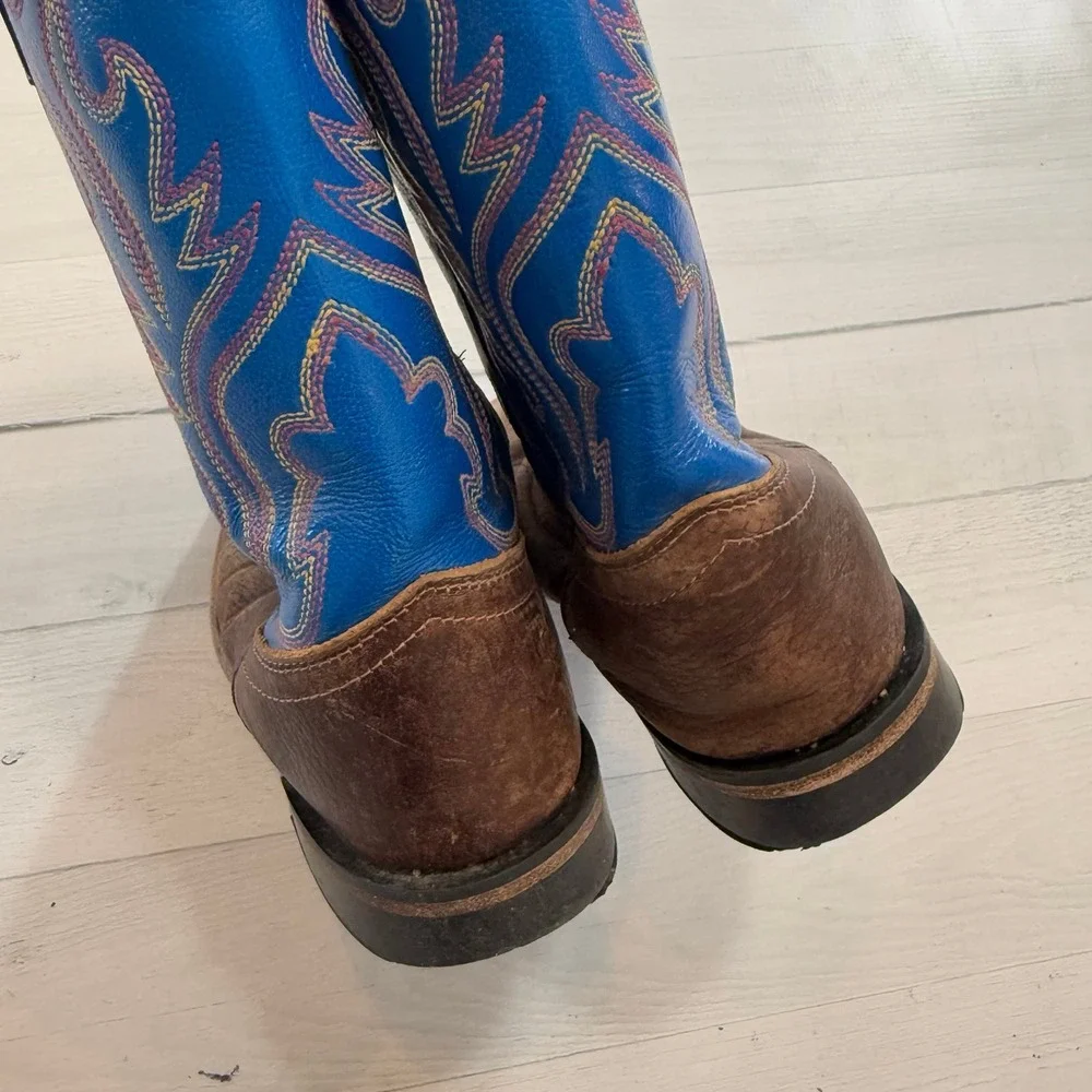 Old West Blue Brown Leather Square Toe Western Cowboy Boots kids size‎ 1.5